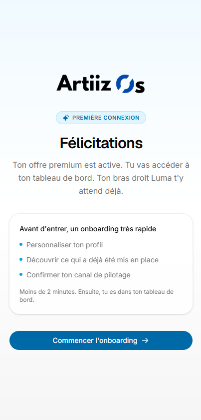 Première connexion Artiiz sur iPhone : onboarding tableau de bord